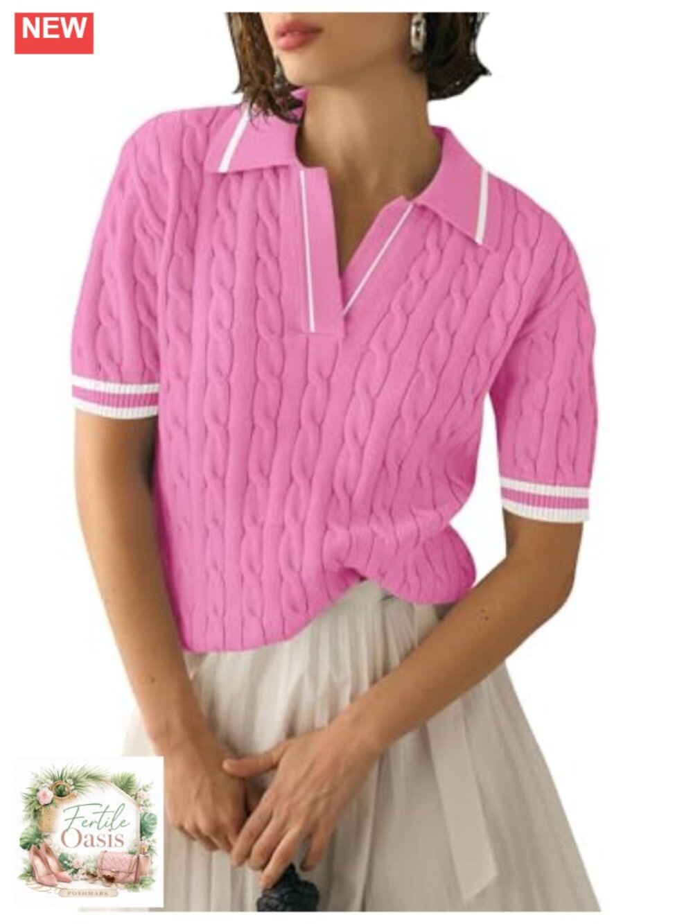 Womens V-Neck Short Sleeve Cable Knit Sweater Loose Fit Polo Pullover 80%